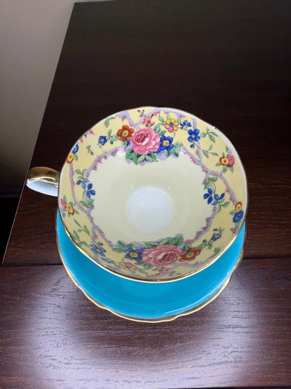 Vintage Aynsley Turquoise Teacup Saucer Set B5304 Cabbage Rose Gold Gilt 1960s